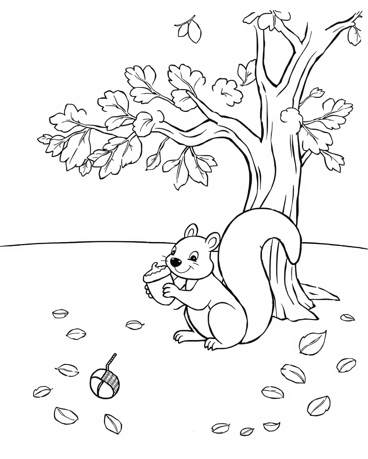 A Squirrel Gathering Acorns Coloring Page
