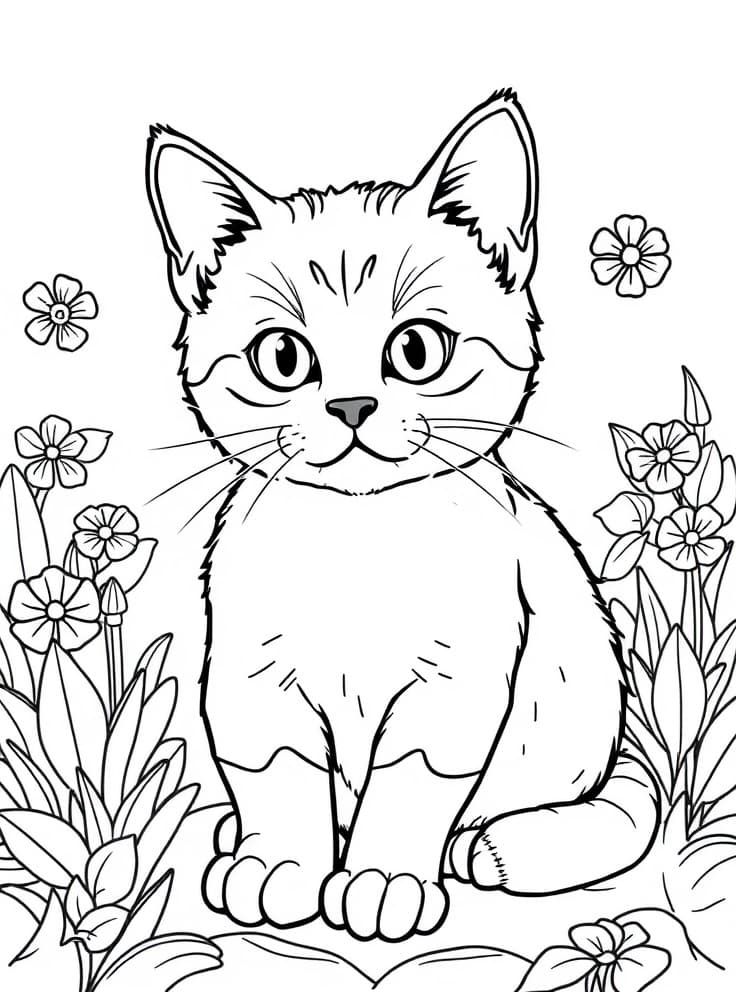 Adorable Kitten with Flowers Coloring Page