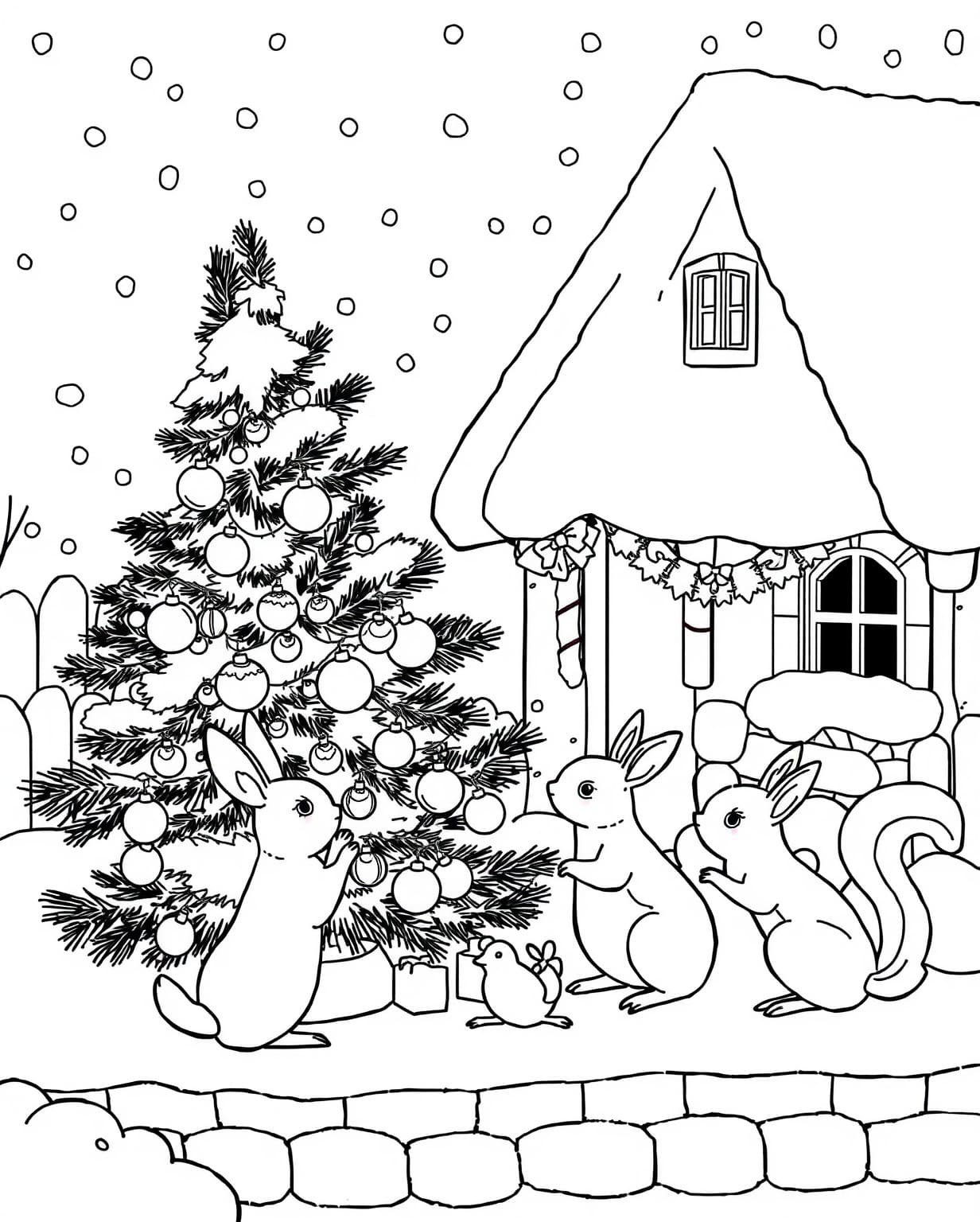 Animals Decorating a Christmas Tree Coloring Page