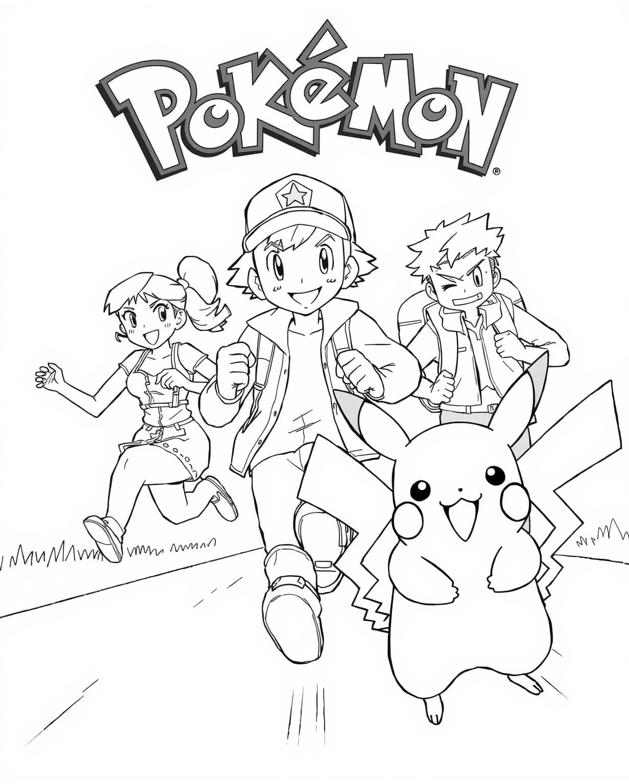Ash, Misty, Brock, and Pikachu Coloring Page