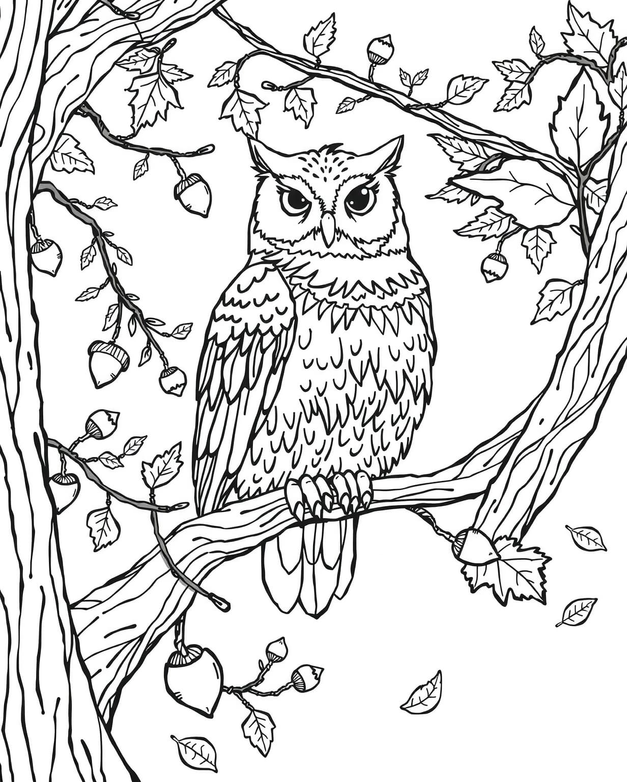 Autumn Owl on a Branch Coloring Page