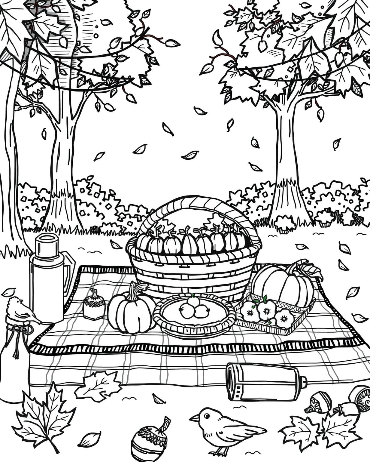 Autumn Picnic Scene Coloring Page