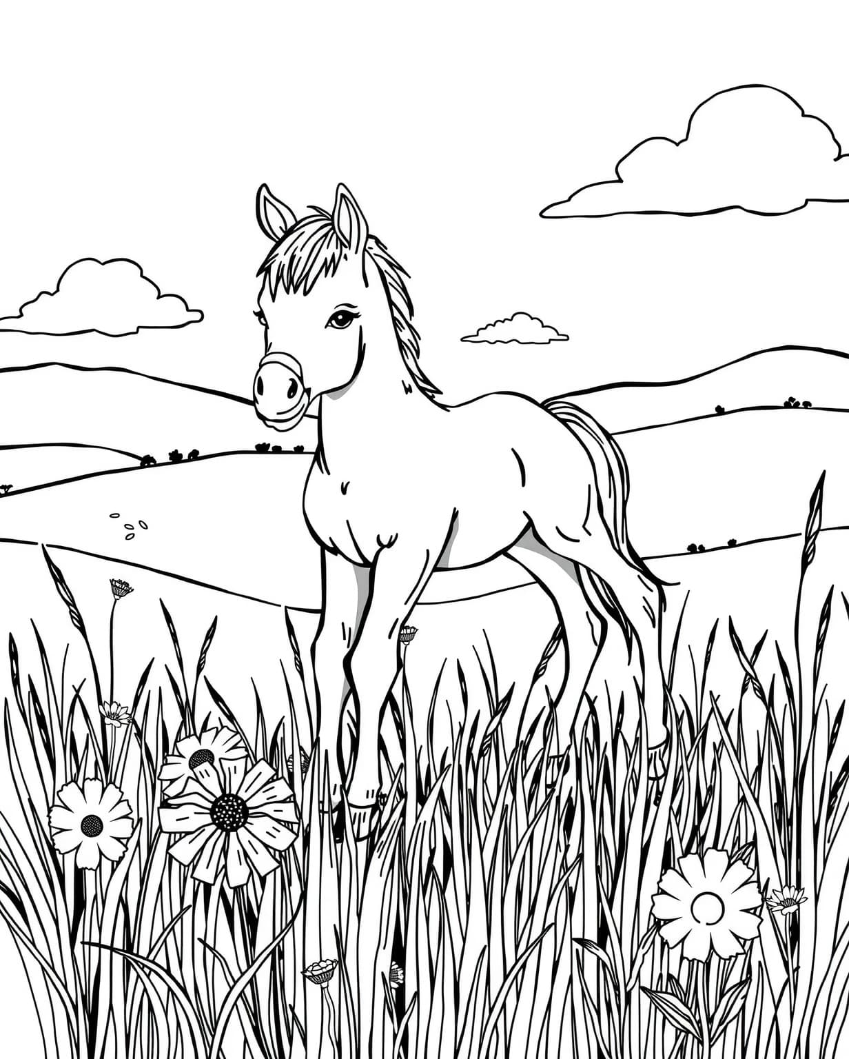 Baby Horse In A Meadow Coloring Page