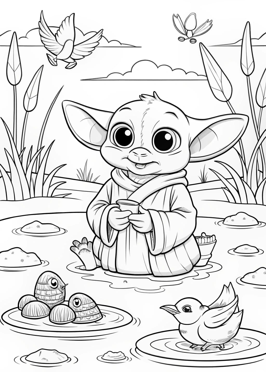 Baby Yoda Feeding Ducks Coloring Page