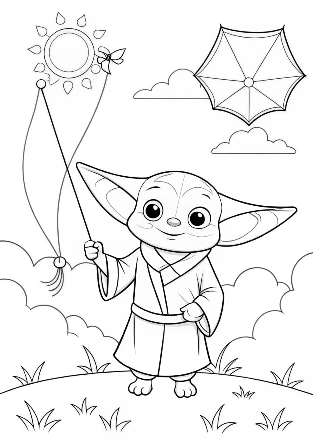 Baby Yoda Flying a Kite Coloring Page