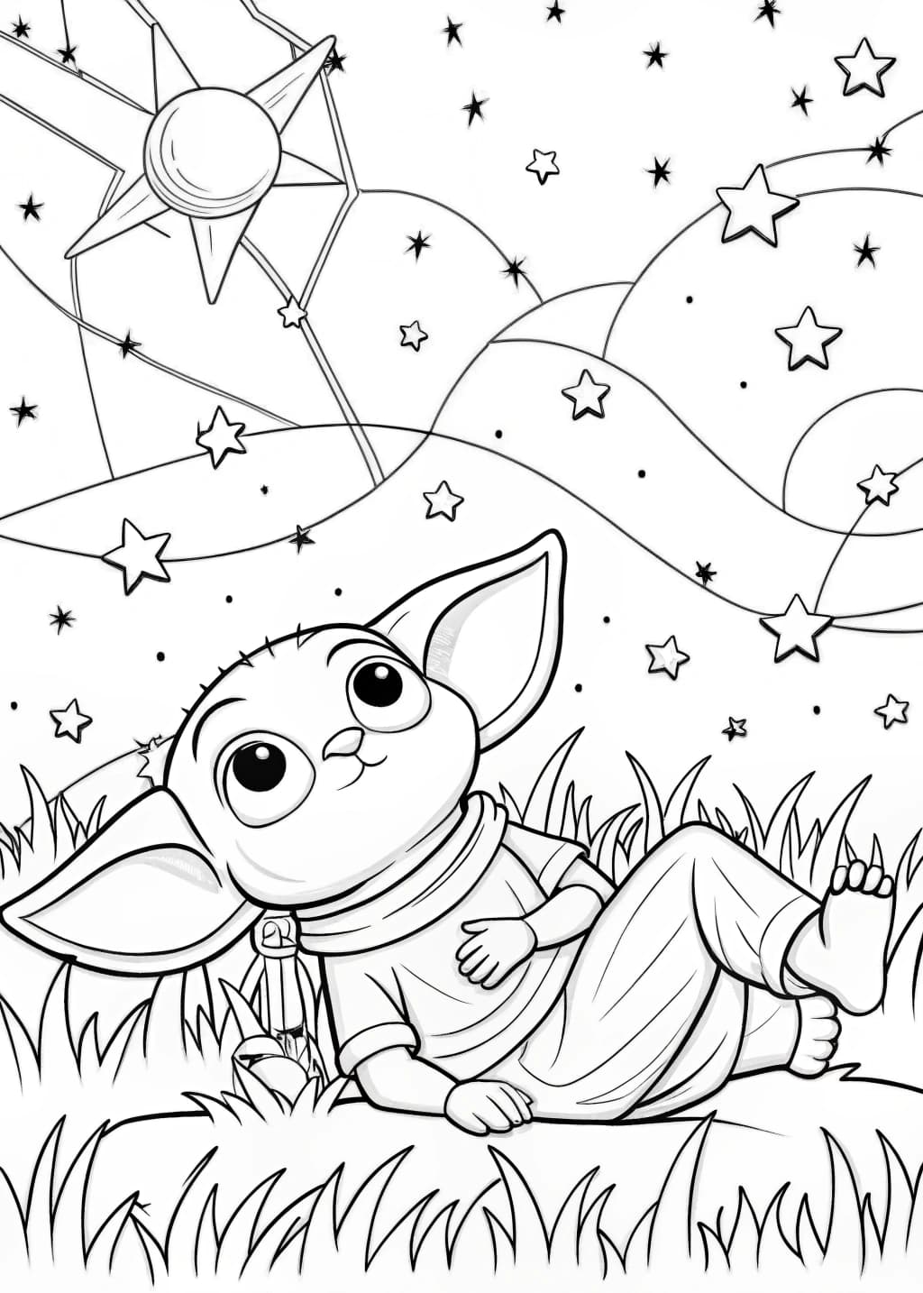 Baby Yoda Stargazing Coloring Page