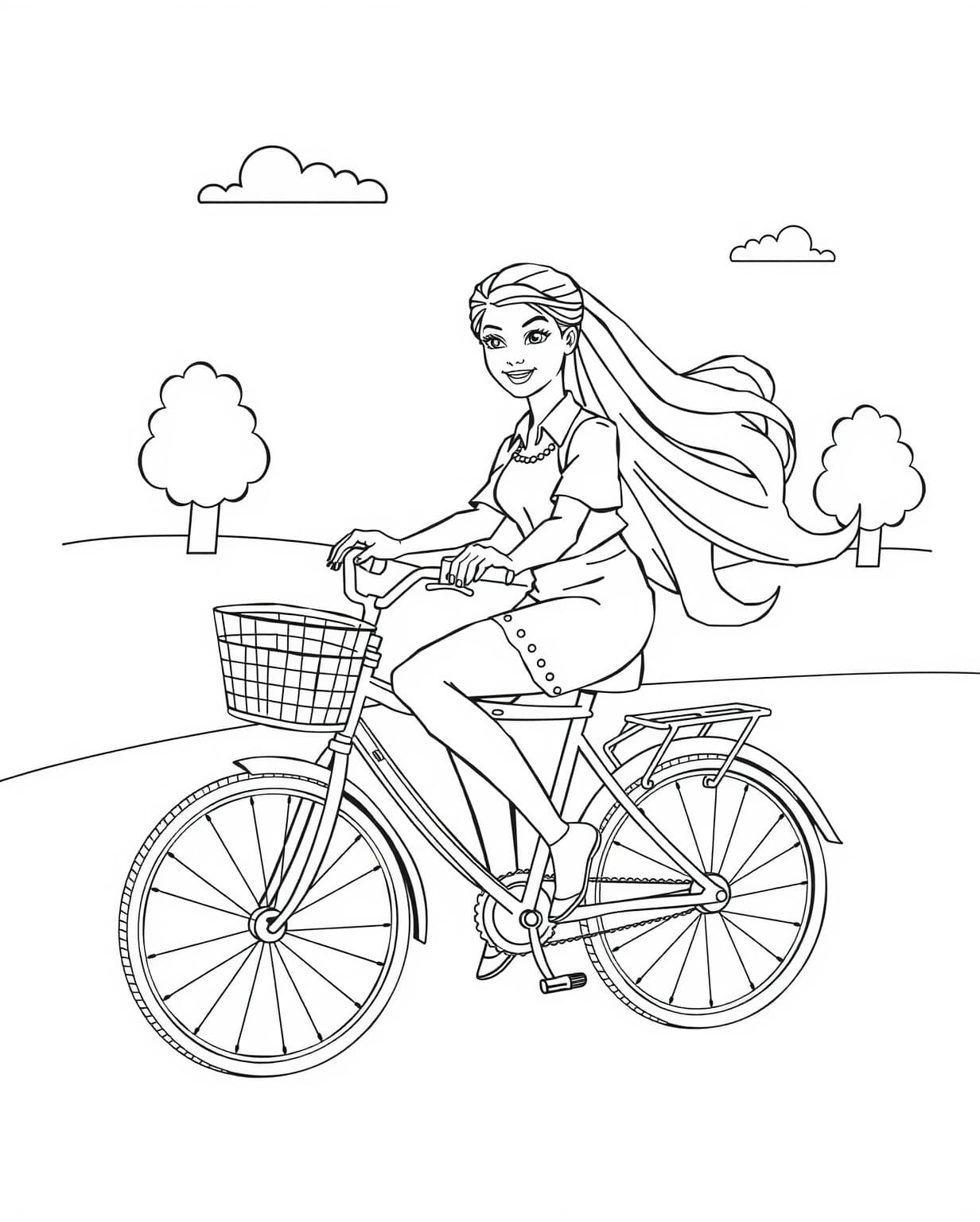 Barbie Riding a Bicycle Coloring Page