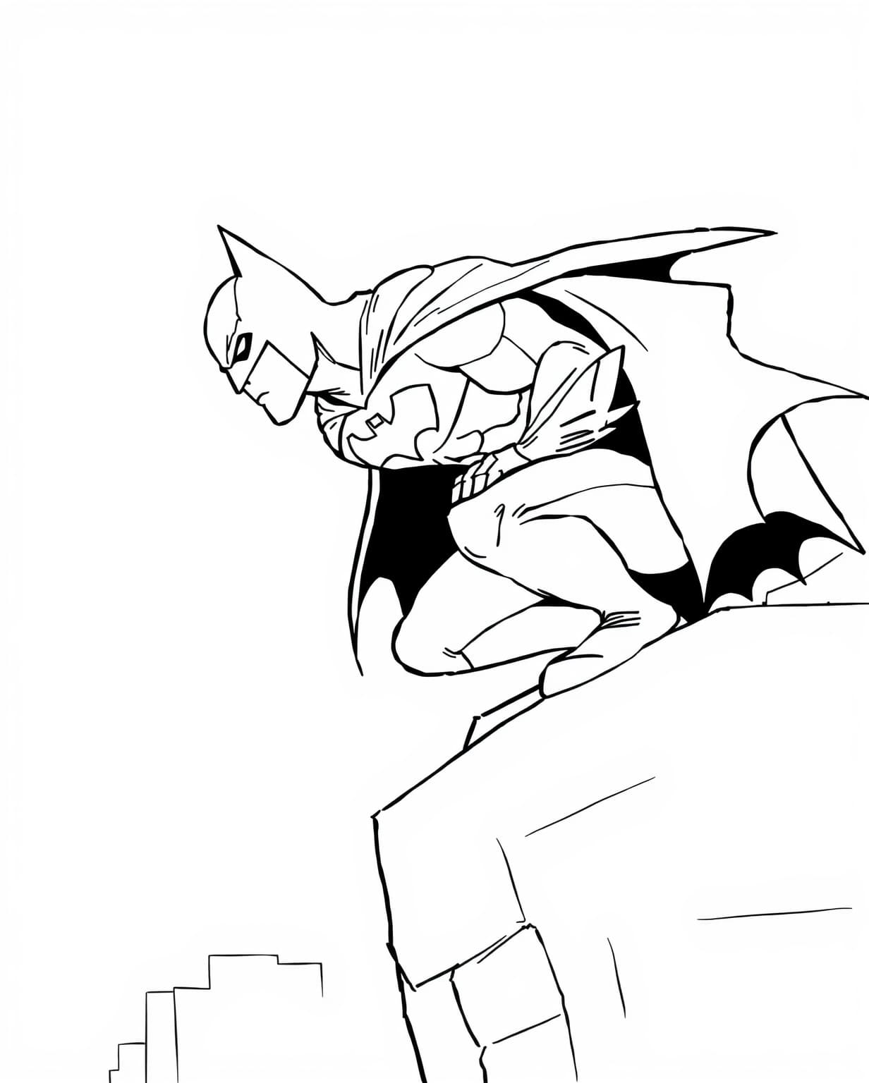 Batman Crouching on a Rooftop Coloring Page