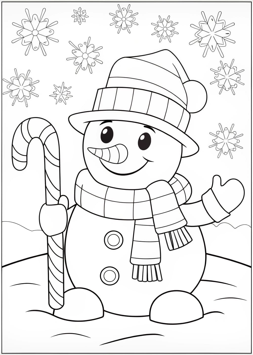 Candy Cane and Snowman Coloring Page