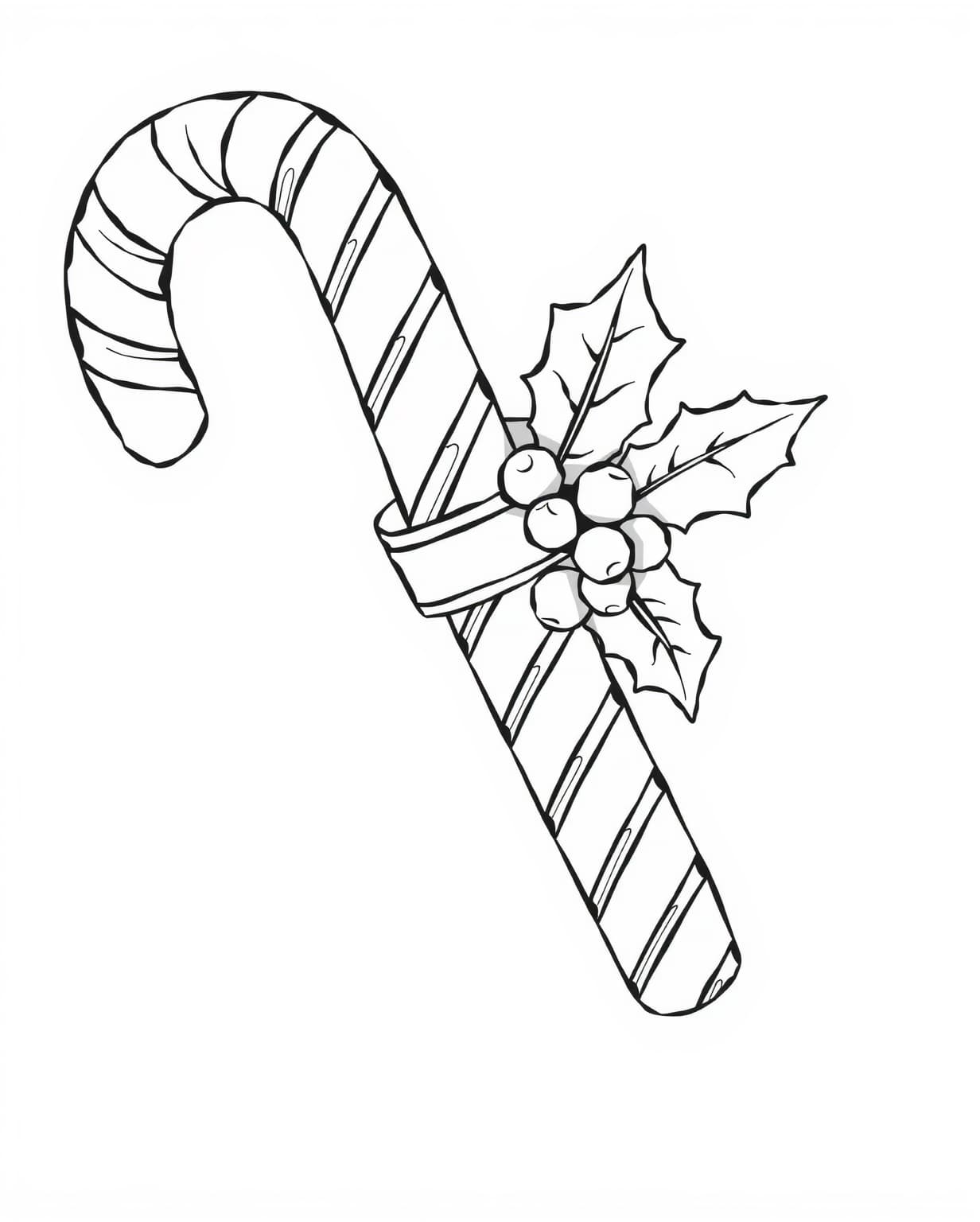 Candy Cane with Holly Coloring Page