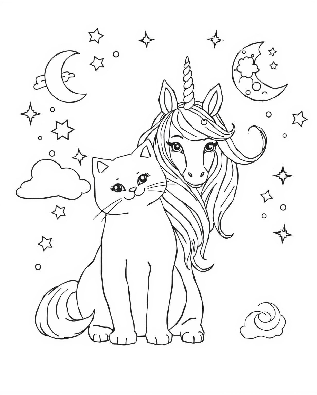 Cat And Unicorn Coloring Page
