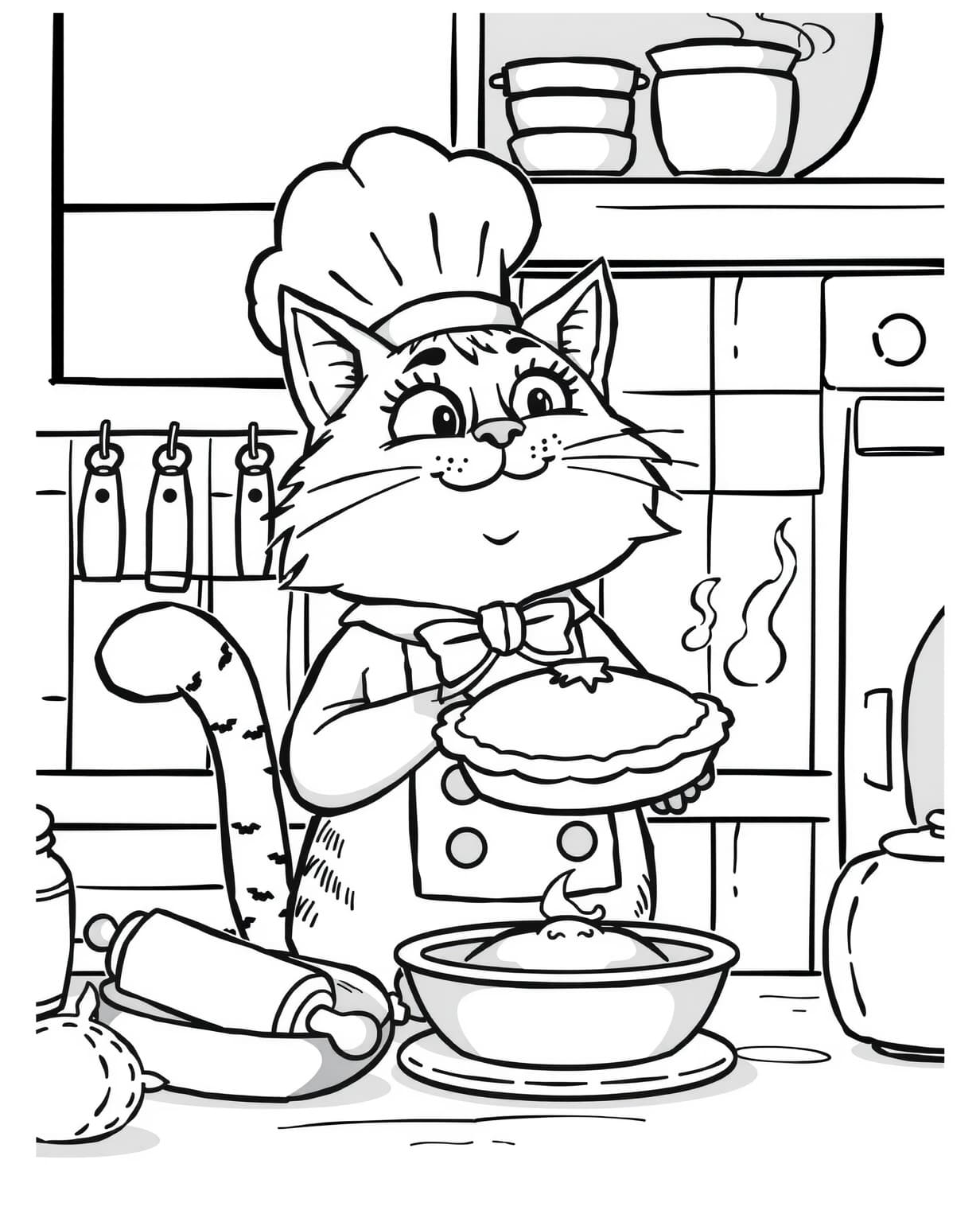 Cat Chef Baking a Pie Coloring Page
