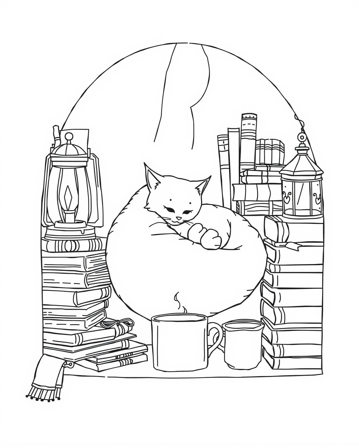 Cat in a Cozy Book Nook Coloring Page