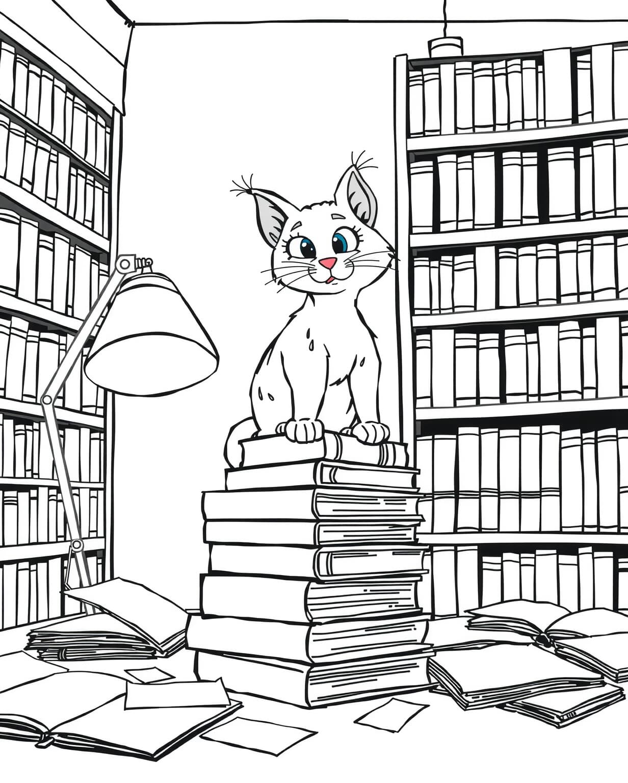 Cat in a Library Coloring Page