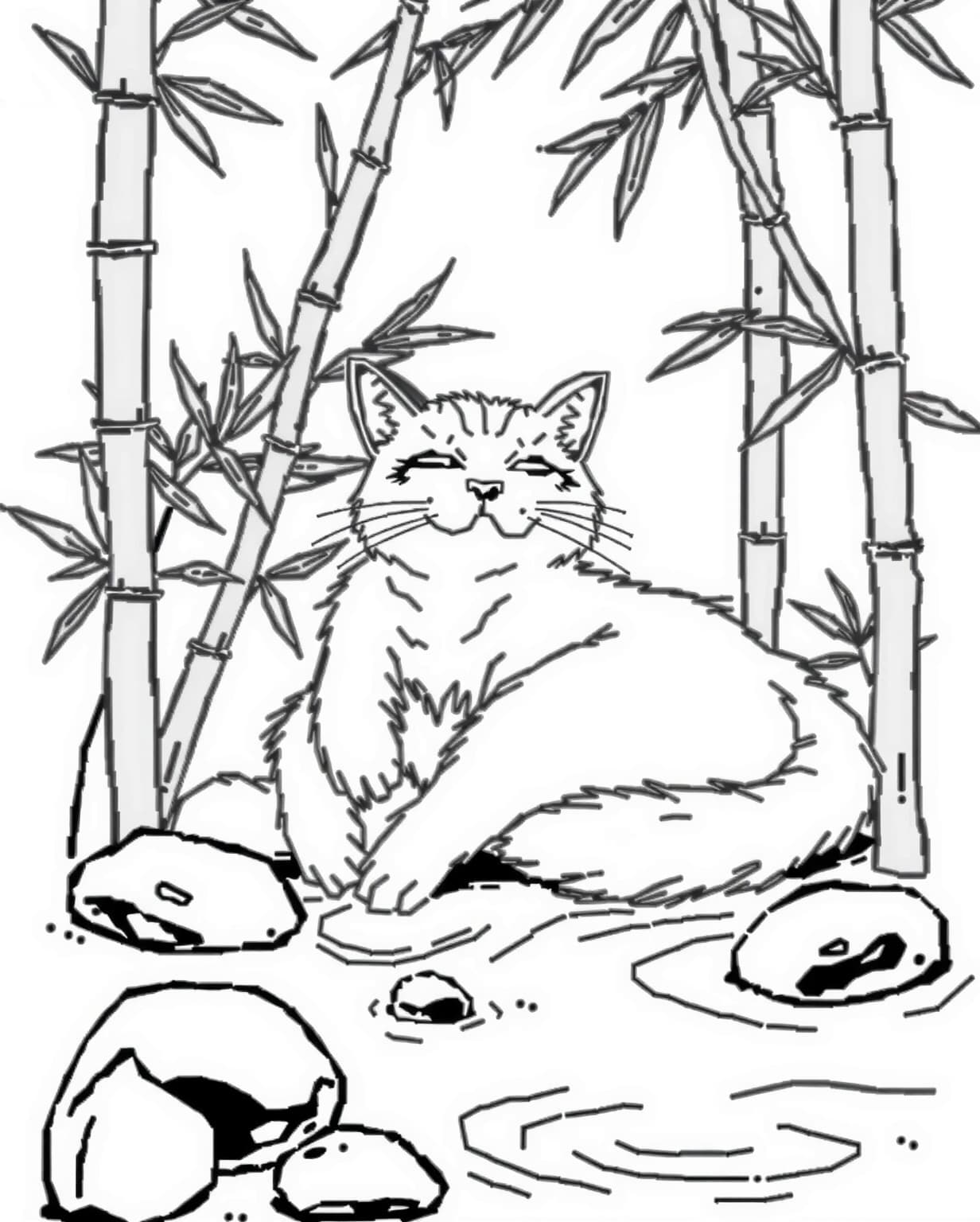 Cat in a Zen Garden Coloring Page