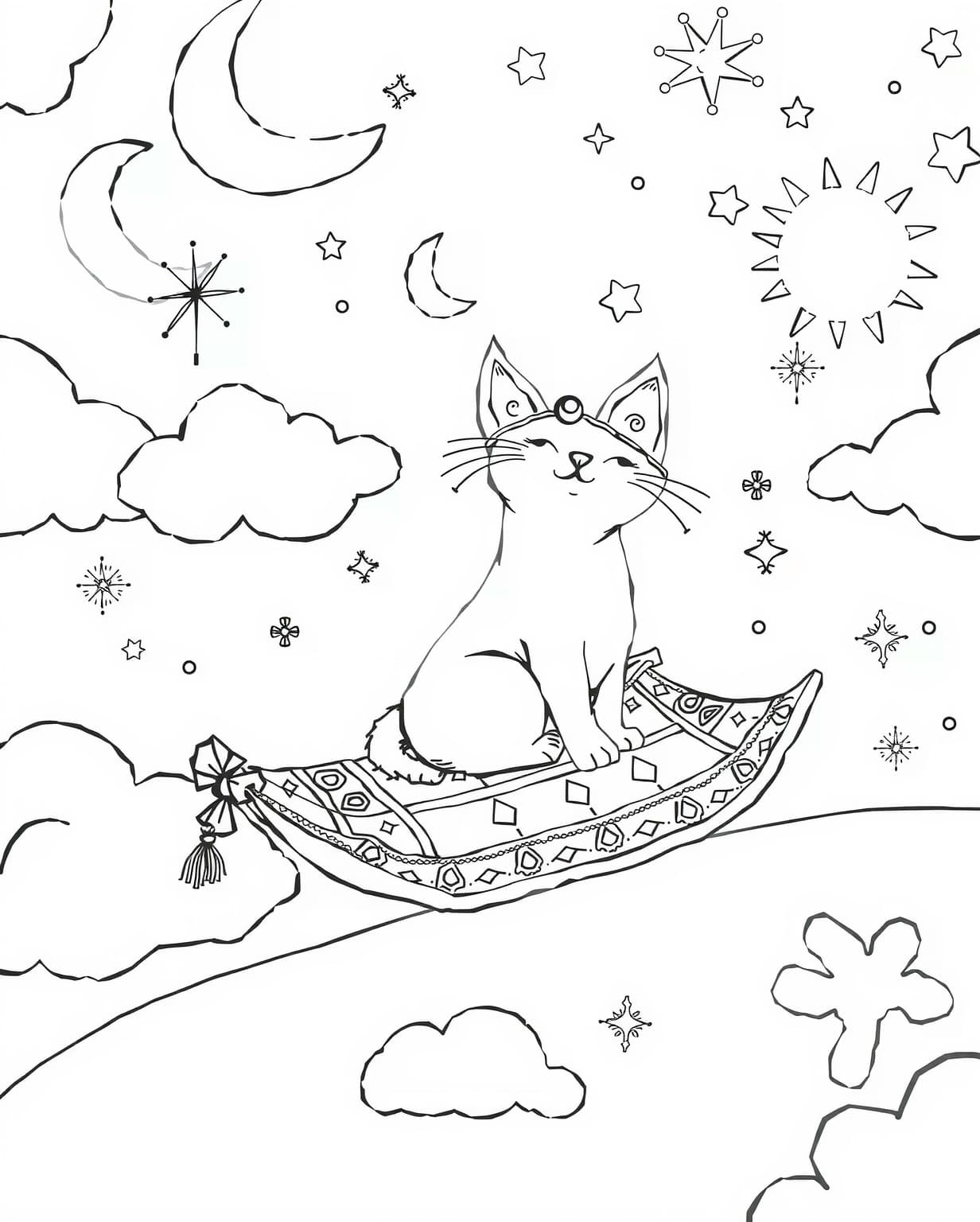 Cat on a Magic Carpet Coloring Page