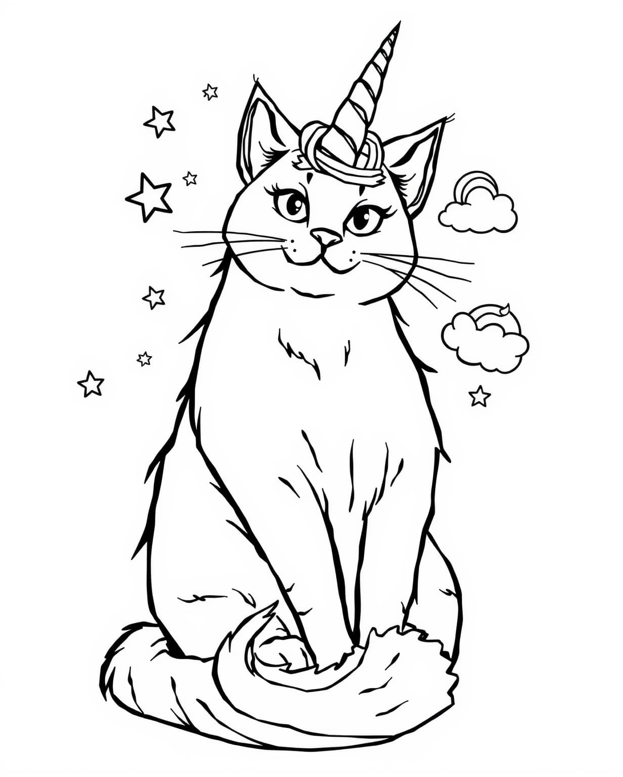 Cat With Unicorn Horn Coloring Page