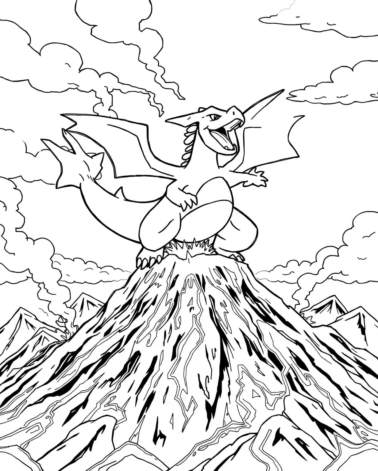 Charizard Flying Over a Volcano Coloring Page