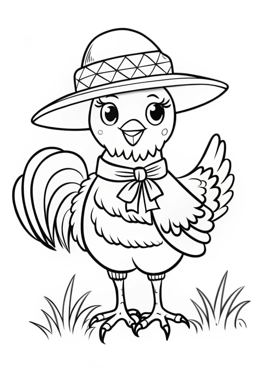 Chicken in a Straw Hat Coloring Page