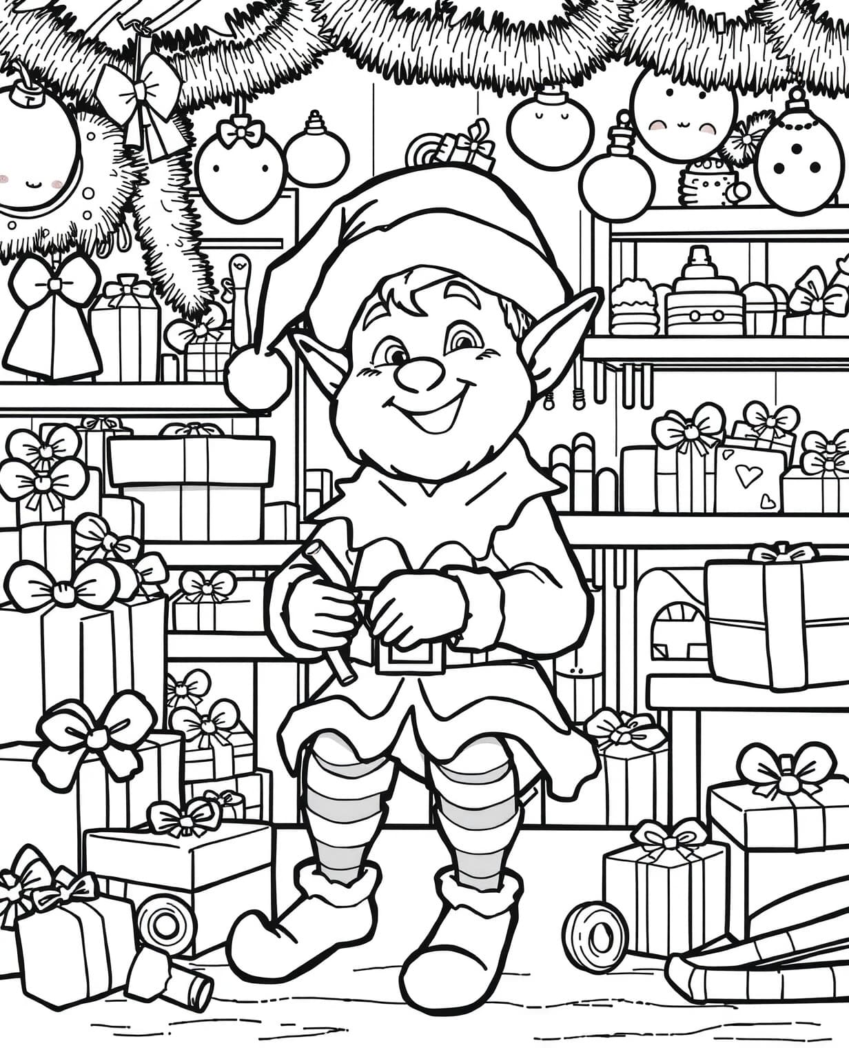 Christmas Elf in Santa’s Workshop Coloring Page
