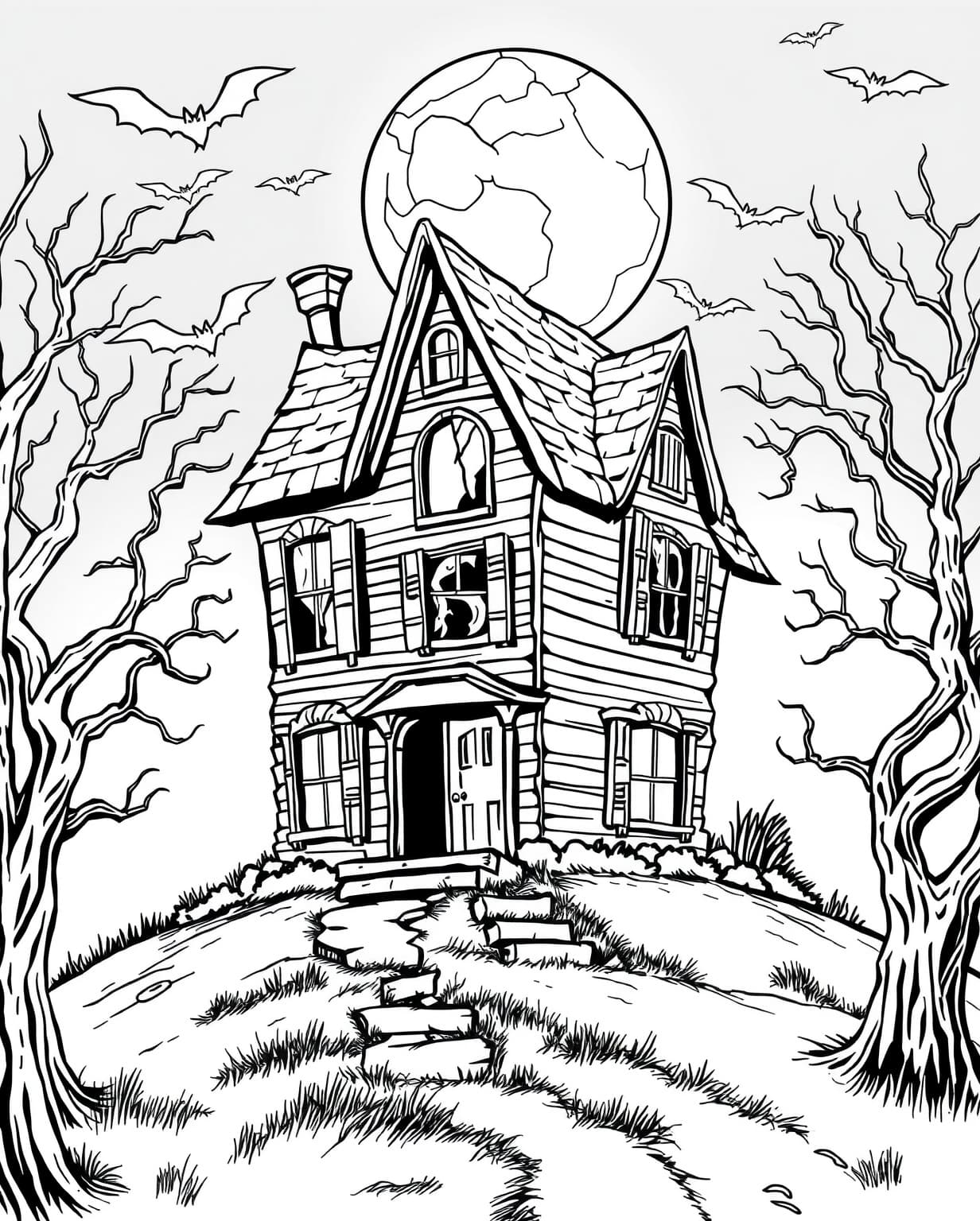 Classic Haunted House with Bats Coloring Page