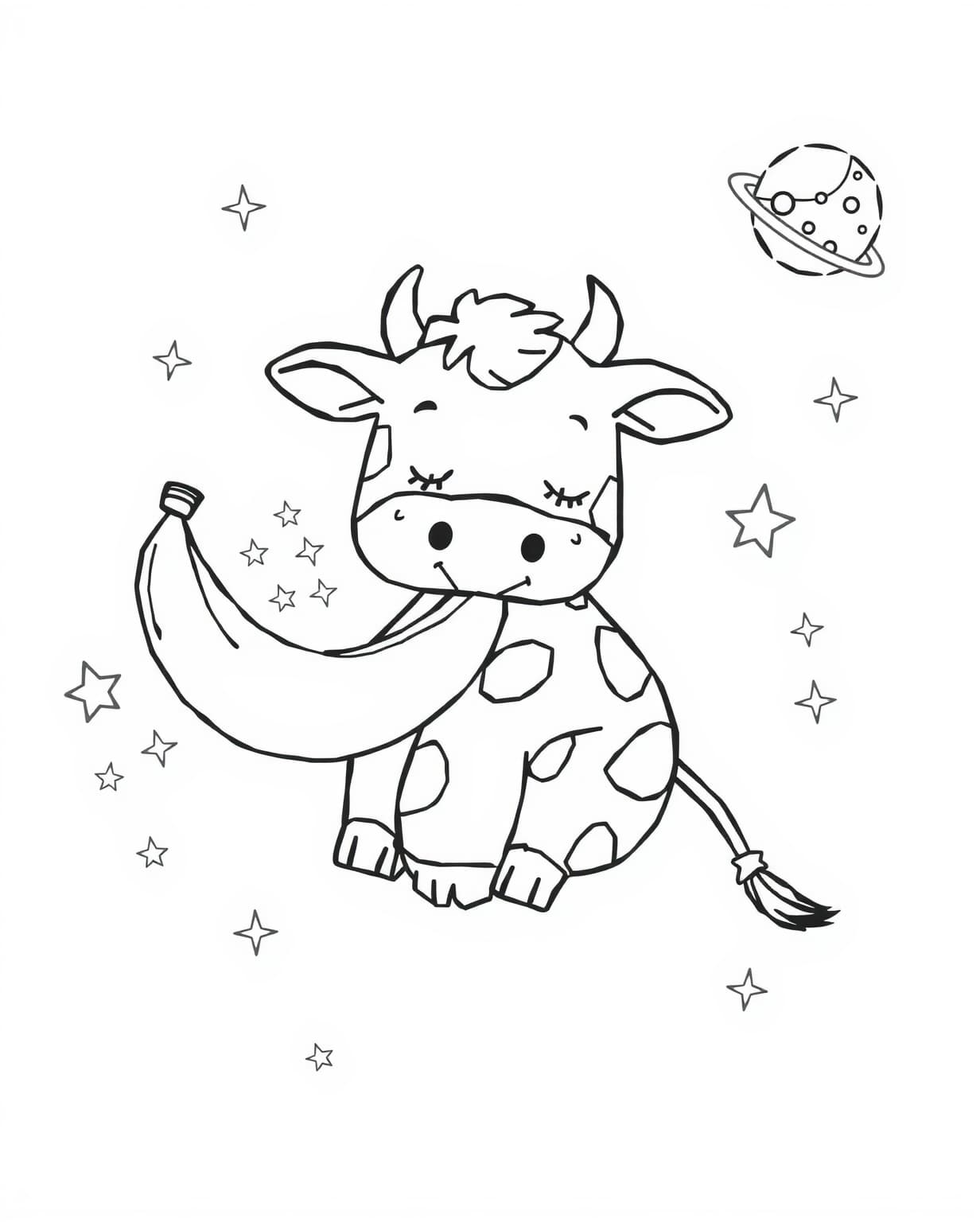Cow Eating a Banana in Space Coloring Page