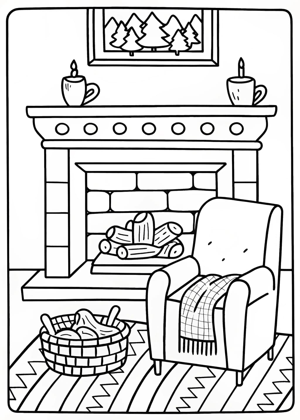 Cozy Fireplace Scene Coloring Page
