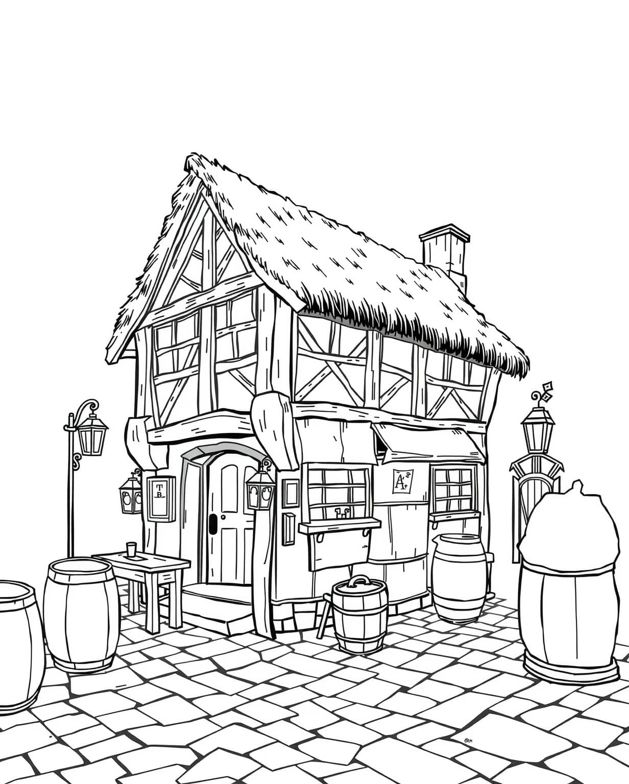 Cozy Medieval Tavern Coloring Page