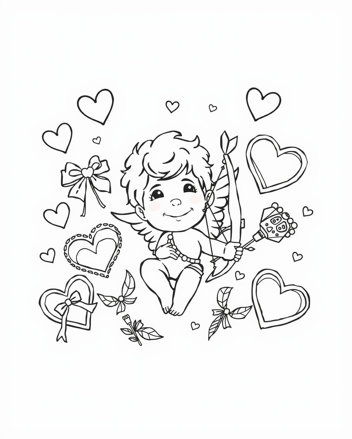 Cupid And Love Hearts Coloring Page