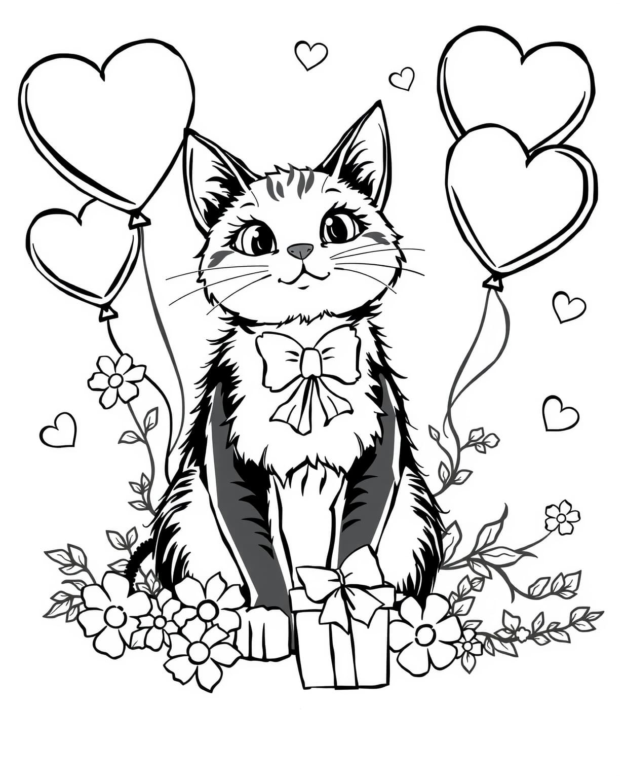 Cute Valentine’s Cat Coloring Page