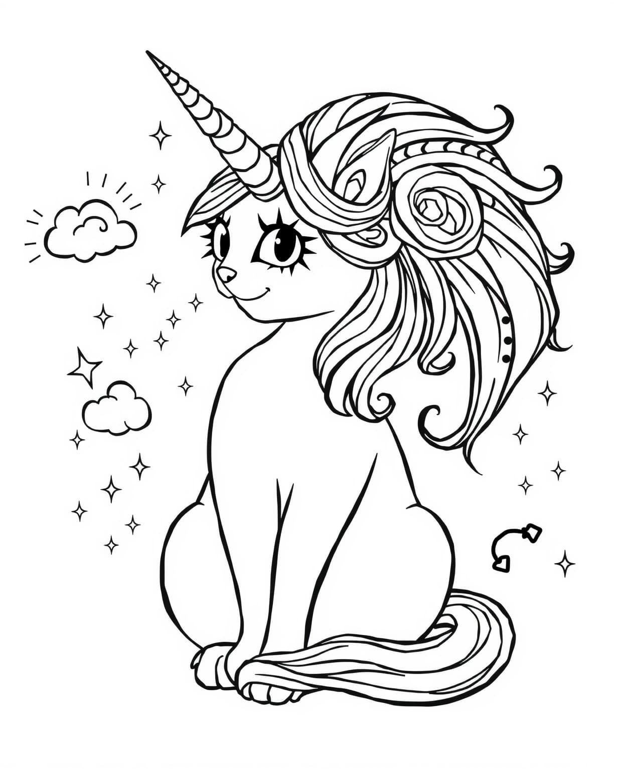 Detailed Unicorn Cat Coloring Page