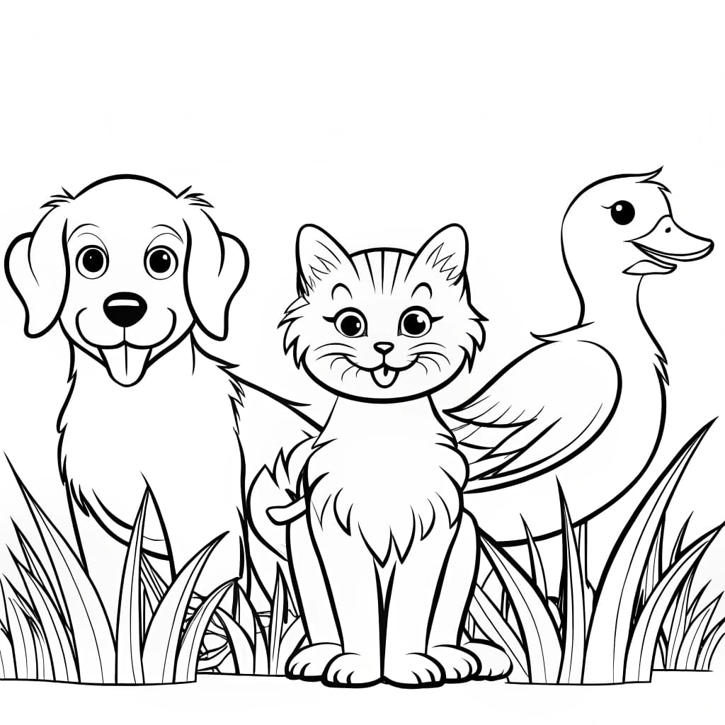 Dog, Cat, and Duck Coloring Page