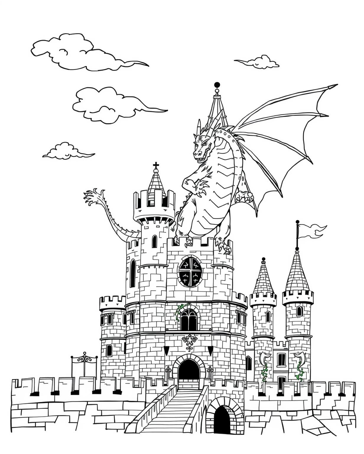 Dragon and Medieval Castle Coloring Page