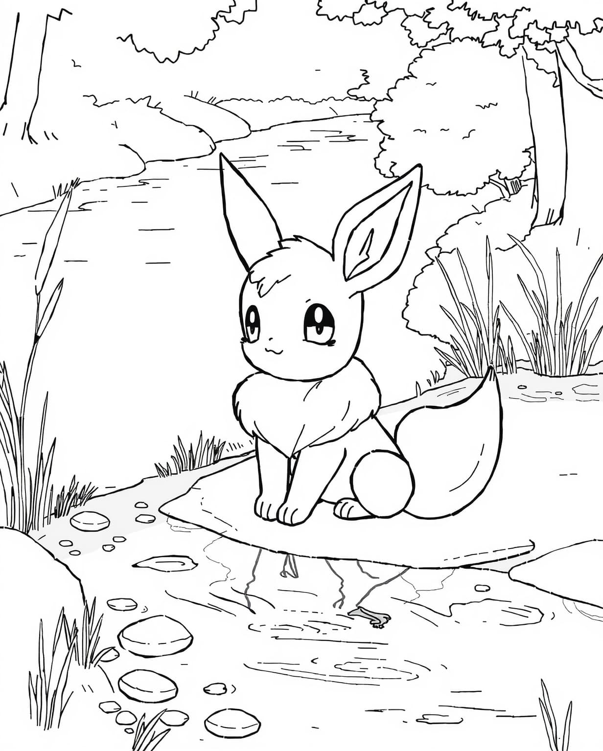 Eevee Sitting by a Stream Coloring Page