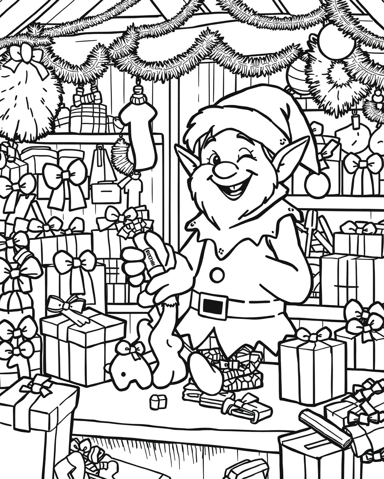 Elf Making Toys in Santa’s Workshop Coloring Page