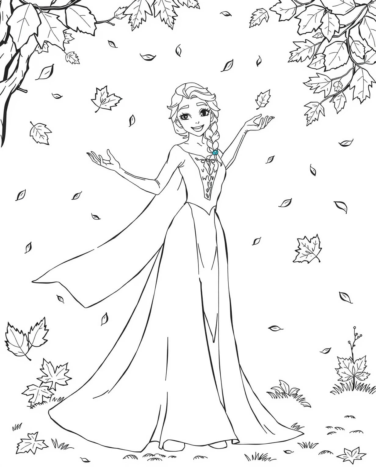 Elsa Surrounded by Falling Leaves Coloring Page