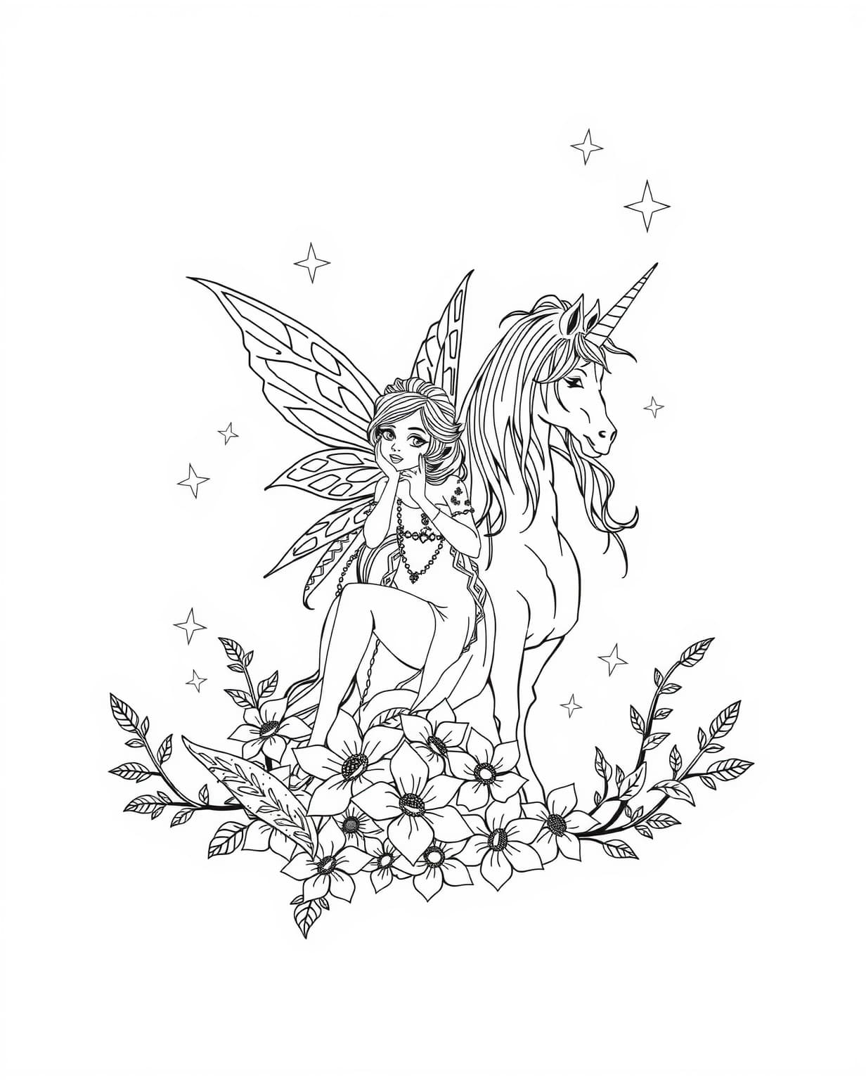 Fairy And Unicorn Coloring Page