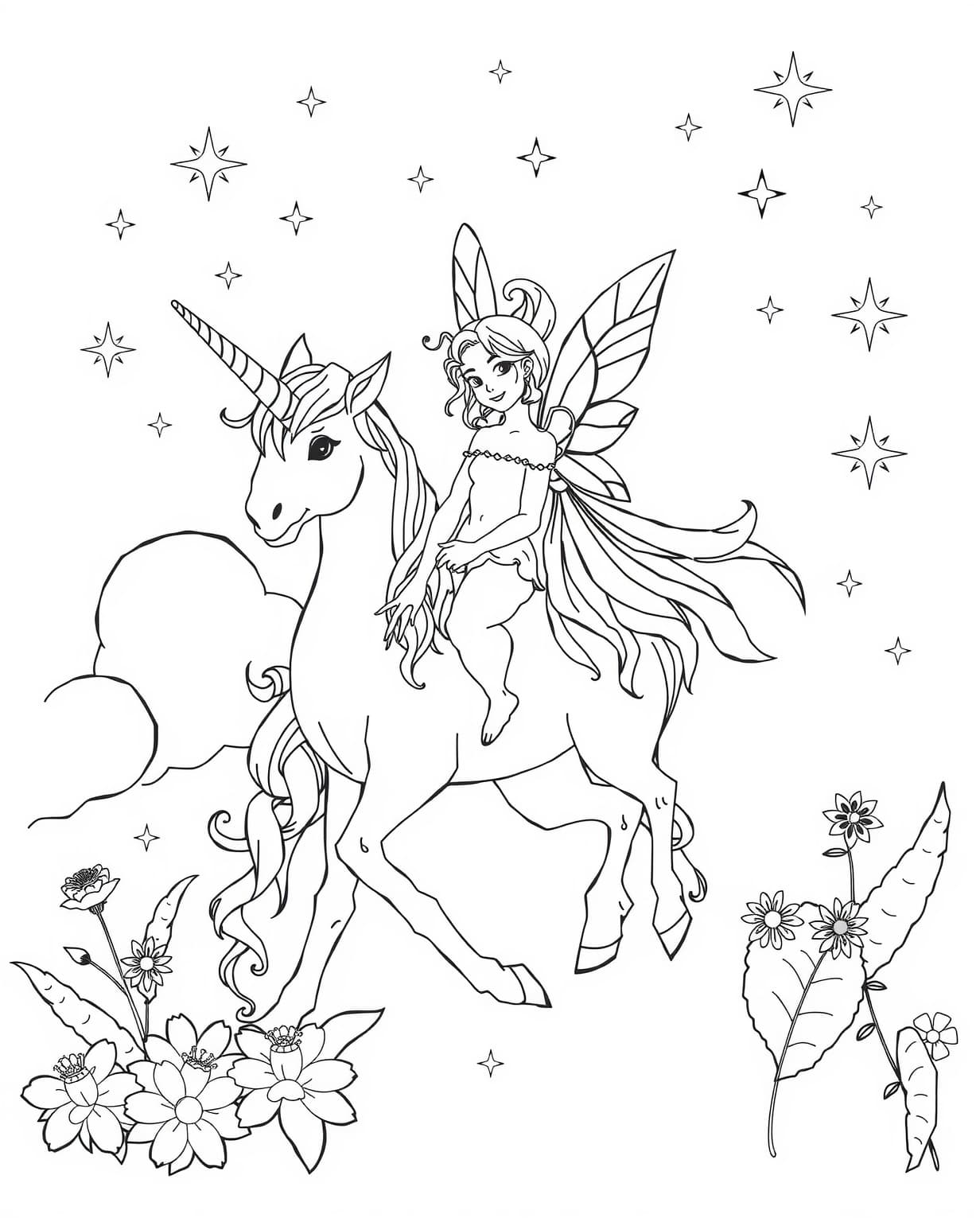 Fairy Riding A Unicorn Coloring Page