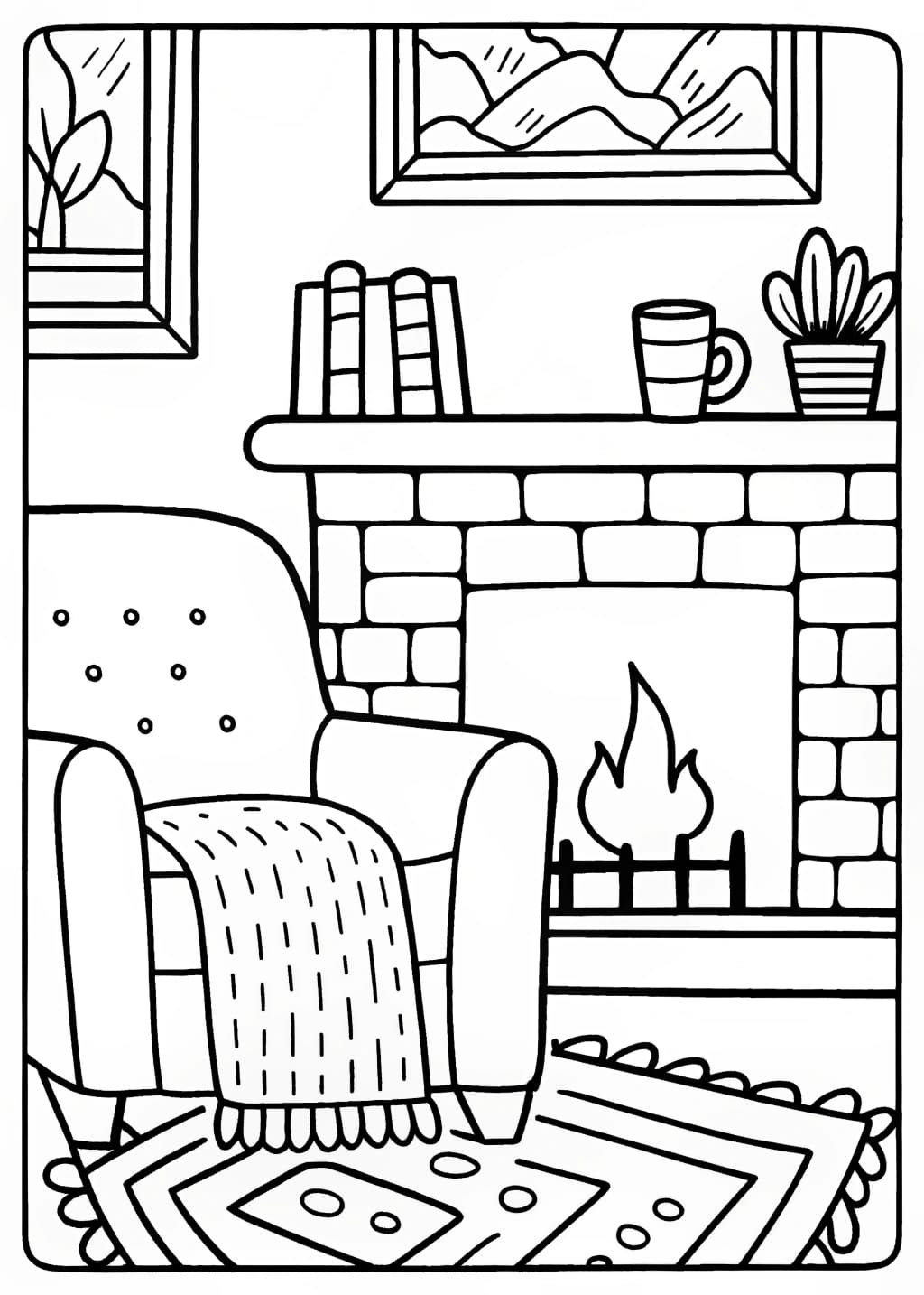 Fireside Reading Nook Coloring Page