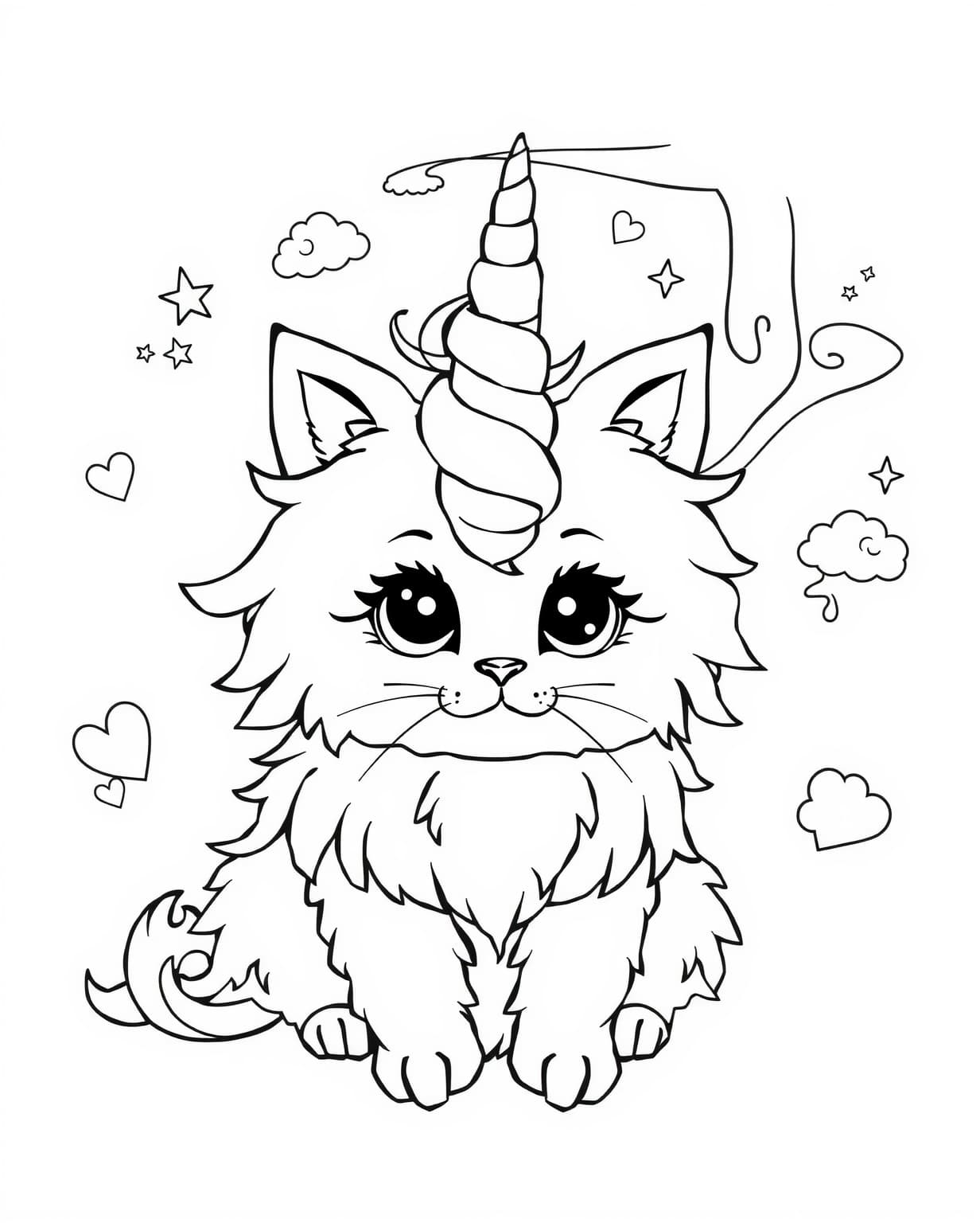 Furry Unicorn Cat Coloring Page