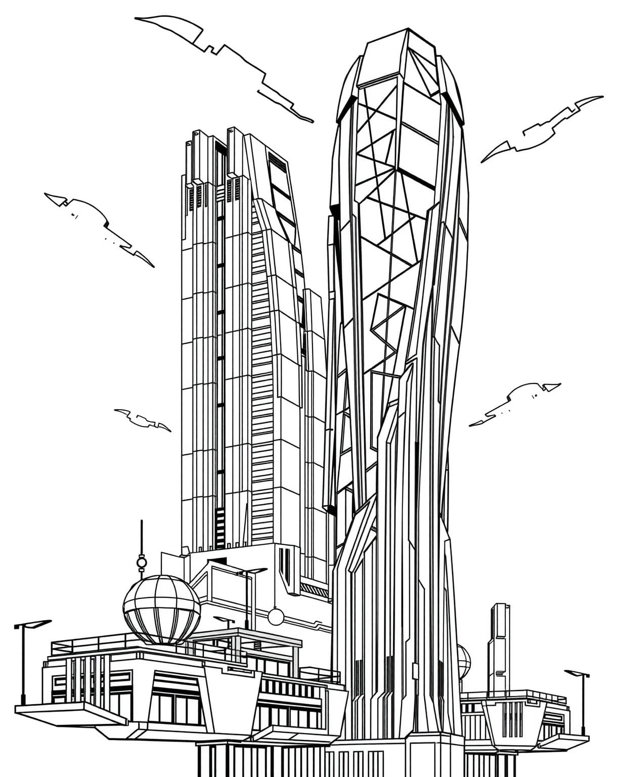 Futuristic Skyscraper Coloring Page