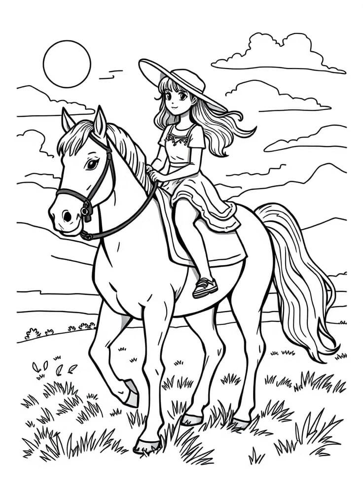 Girl Riding a Horse Coloring Page