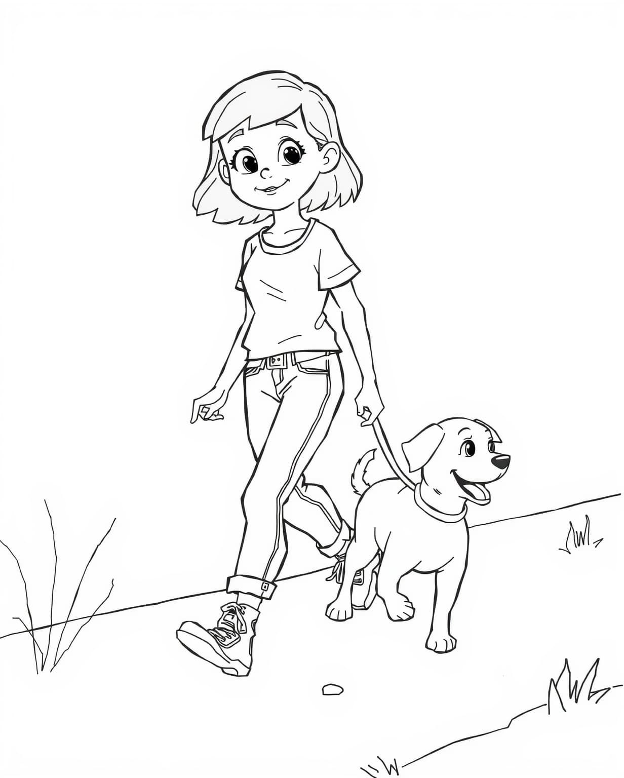 Girl Walking Dog Coloring Page