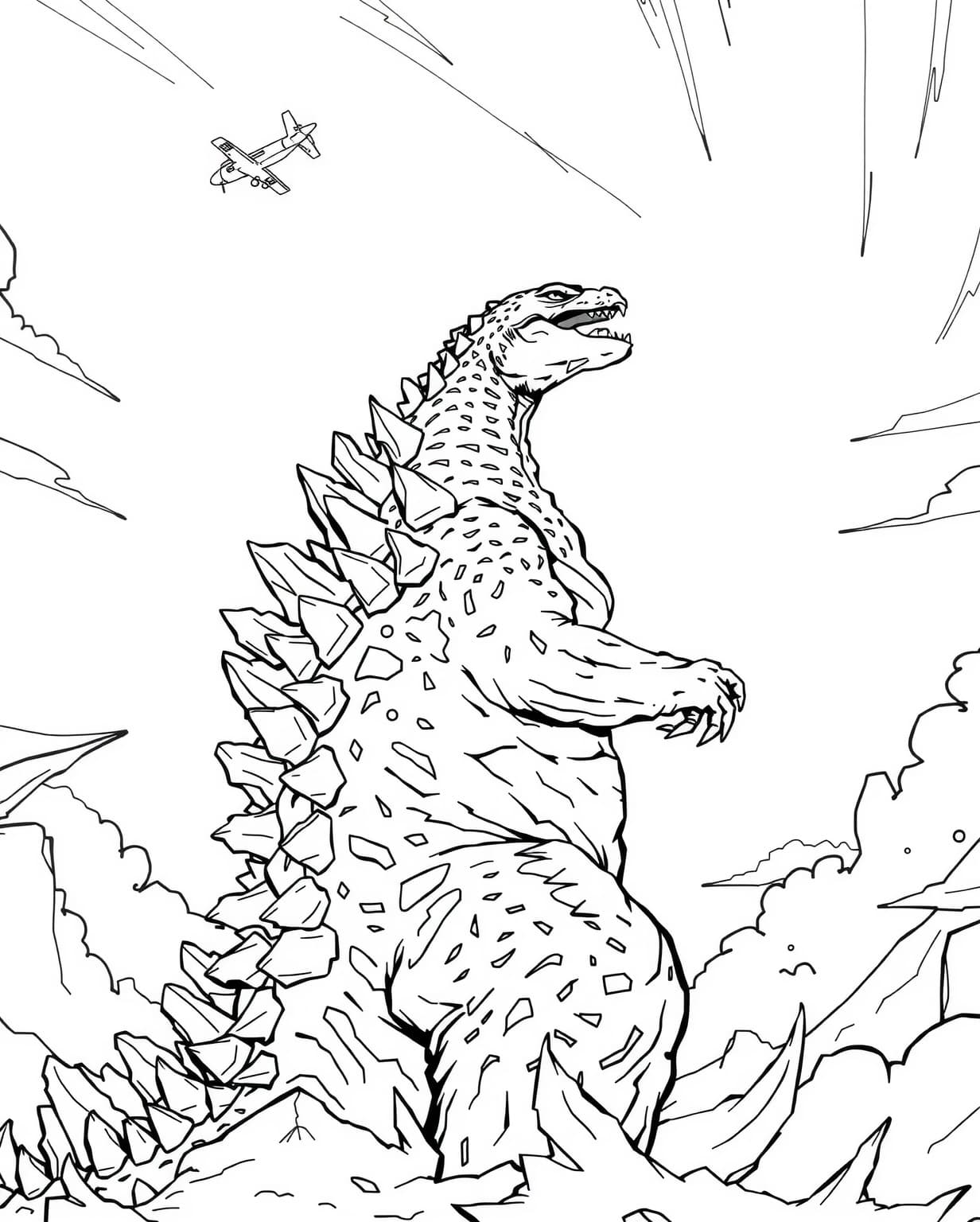 Godzilla Facing Off Against a Jet Coloring Page