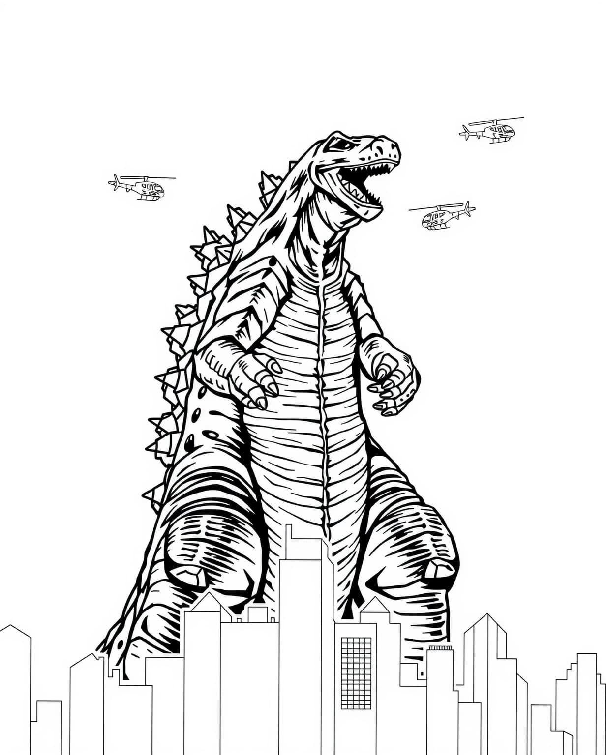 Godzilla Surrounded By Helicopters Coloring Page
