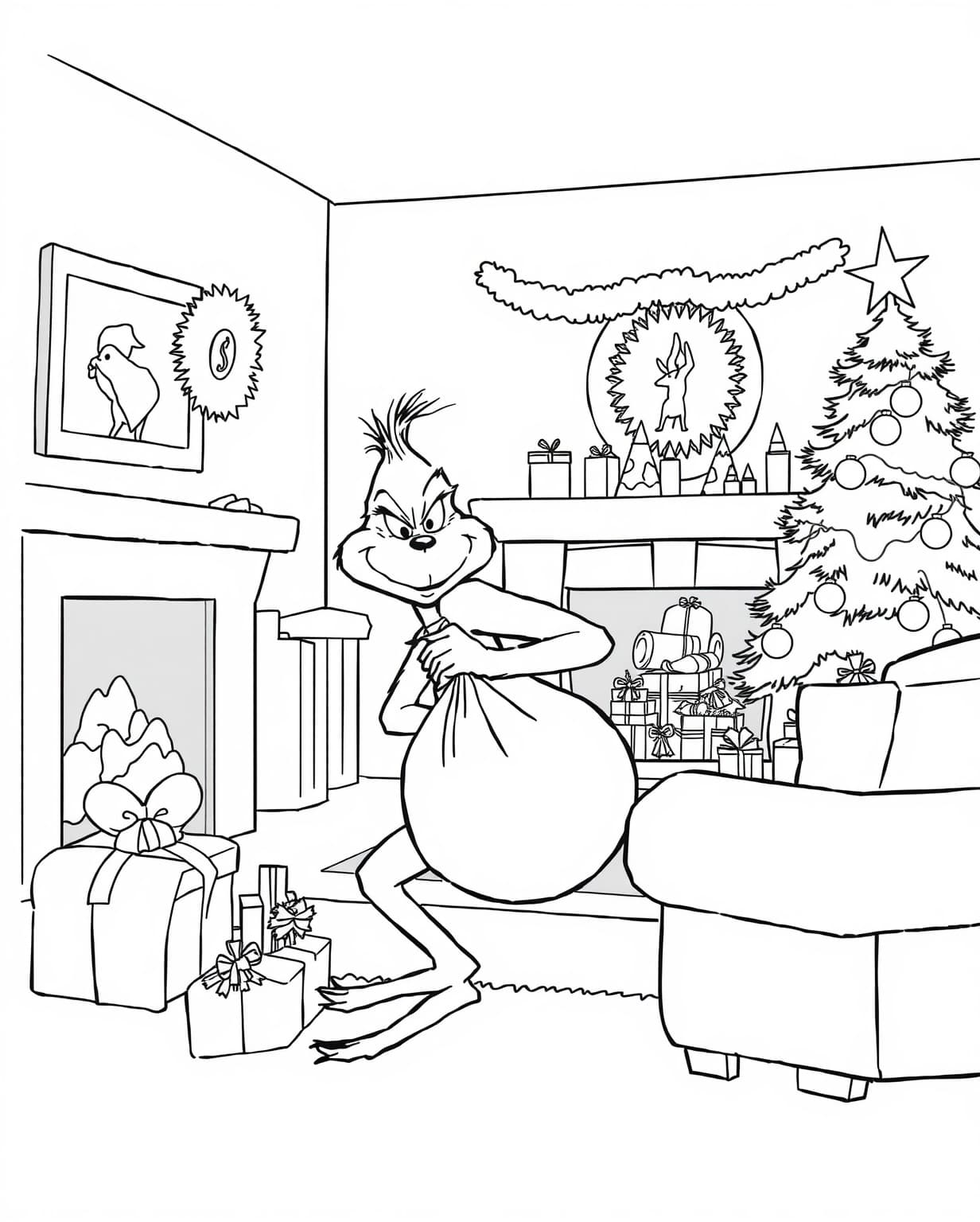 Grinch Stealing Christmas Gifts Coloring Page