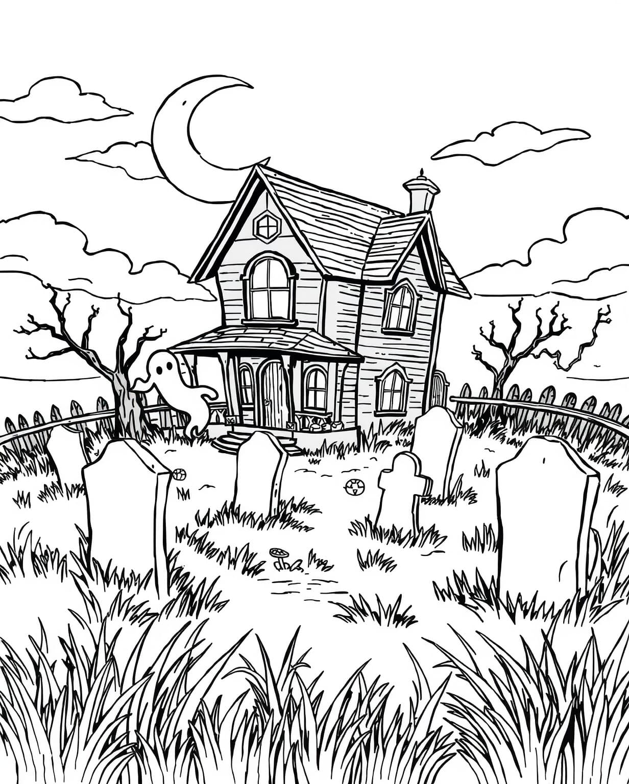 Haunted House in a Graveyard Coloring Page