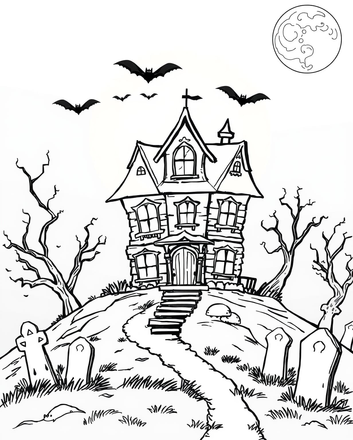Haunted House with a Full Moon Coloring Page
