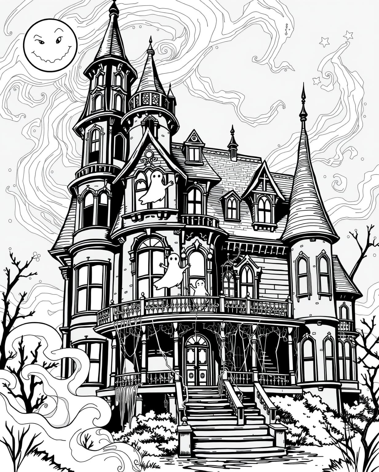 Haunted Mansion with Ghosts Coloring Page
