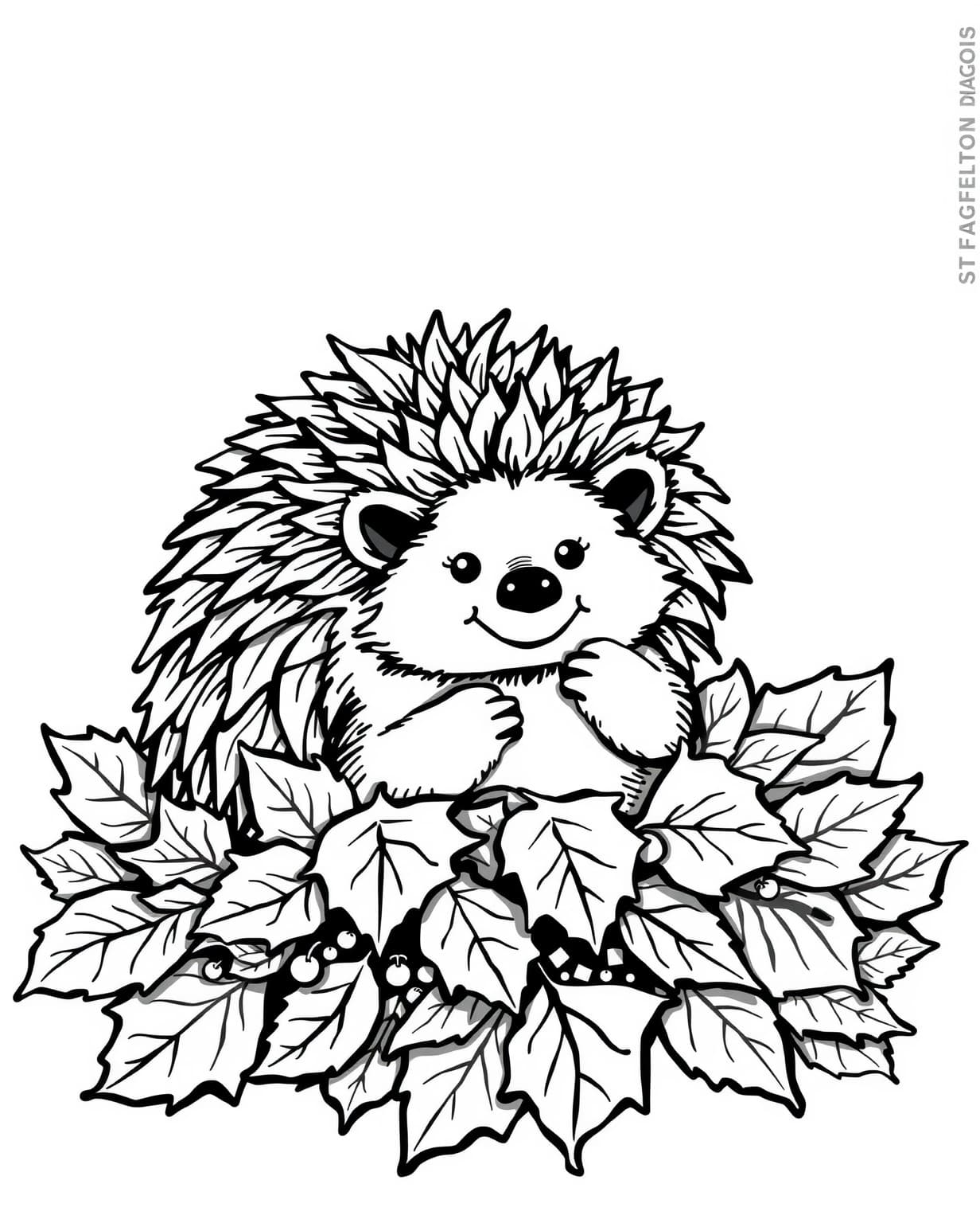 Hedgehog in a Leaf Pile Coloring Page